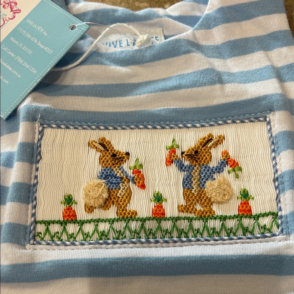 Blue & White Striped Baby One-Piece Romper with Bunny Smocked Panel - Picture 2 of 2